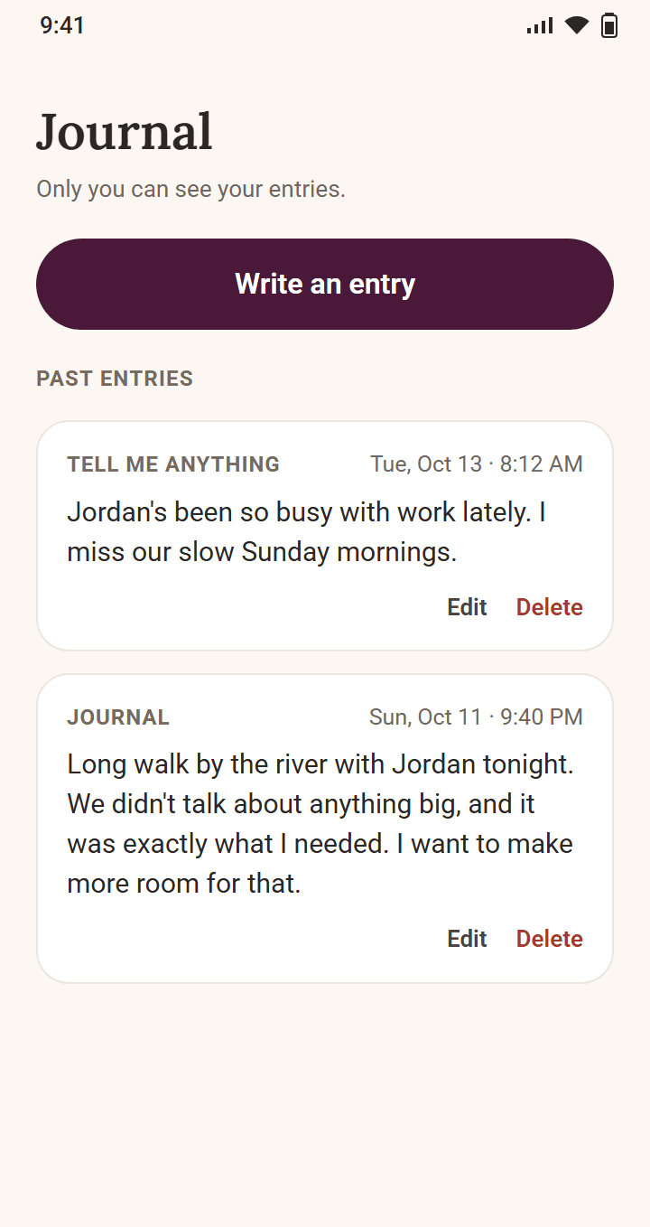 The Journal screen, with the line "Only you can see your entries." and two past entries by Sam: a Tell Me Anything note about missing slow Sunday mornings, and a journal entry about a long walk by the river with Jordan.